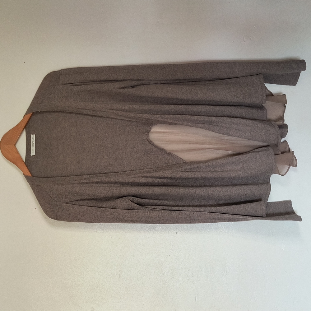Subtle Luxury Cashmere Silk Blend Gray Tan Open Front Cardigan Sz L Women